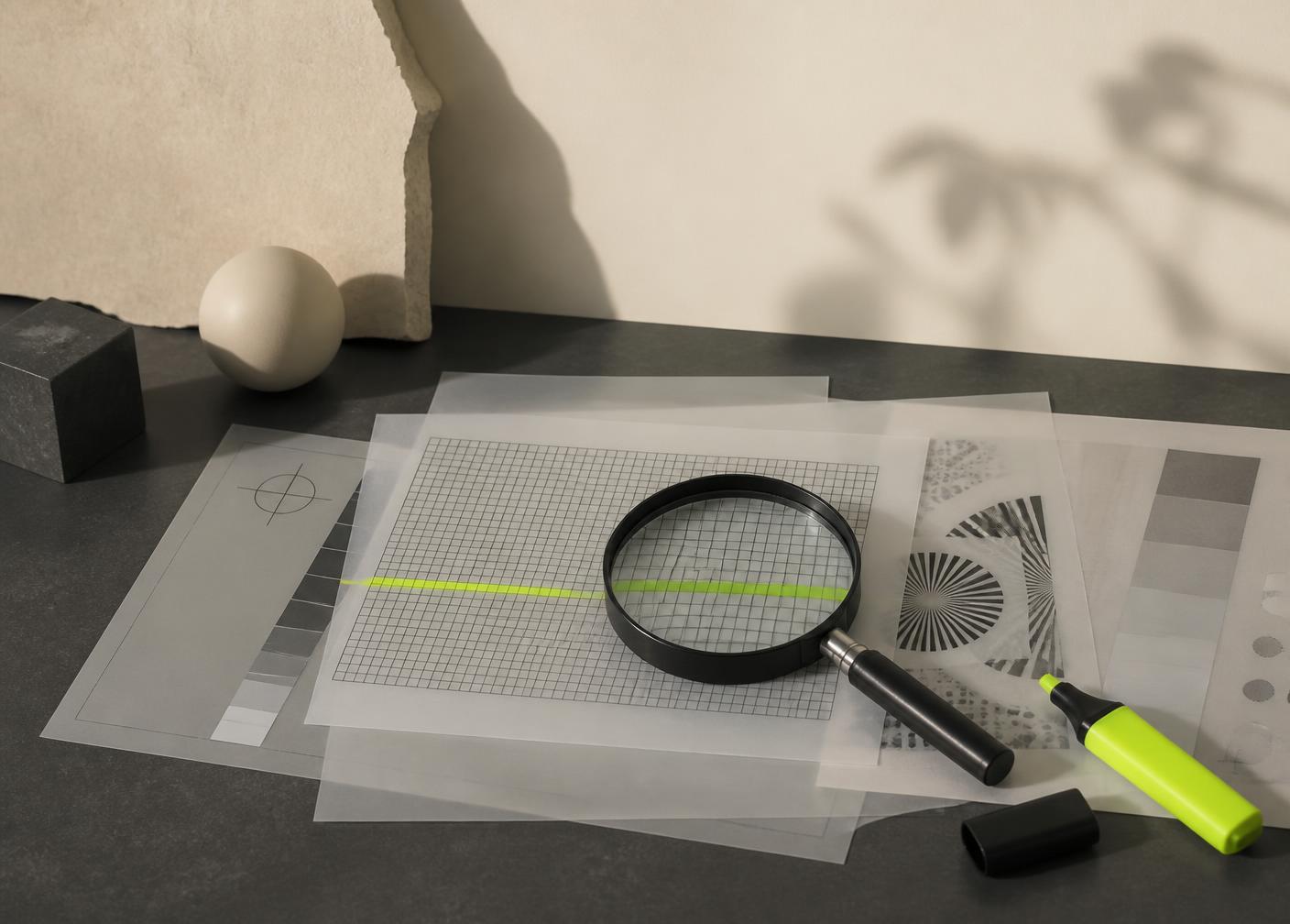Layered translucent test charts on a dark desk with a magnifying glass and a lime highlighter